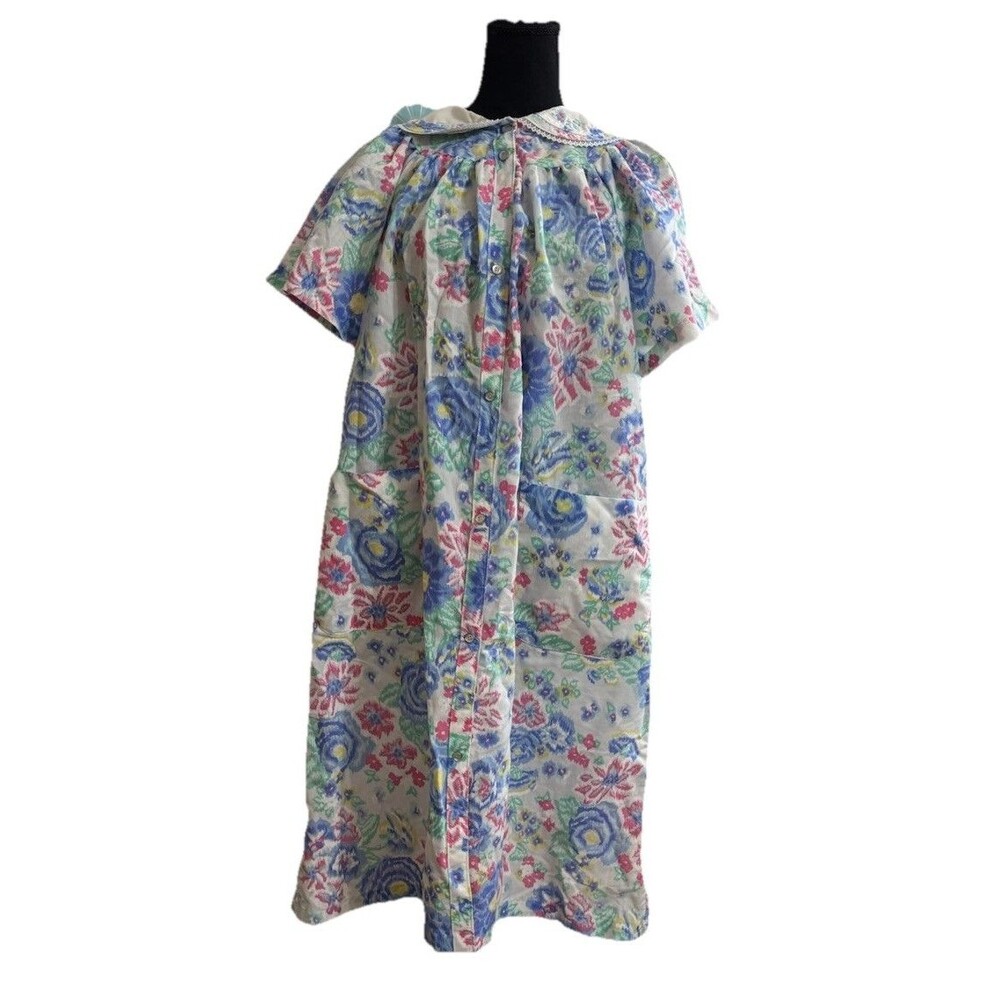 VTG Smart Time XL ? USA Floral‎ Babydoll Snap Up House Dress Robe Nightgown Lace